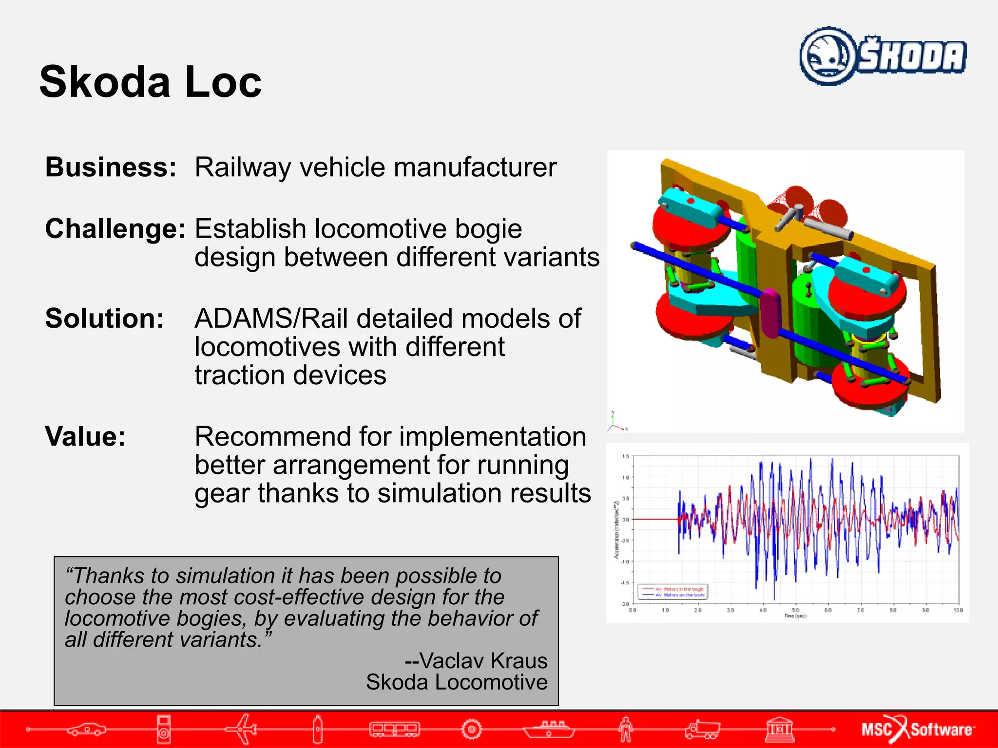 Skoda Loc
Business: Railway vehicle manufacturer

Challenge: Establish locomotive bogie
           design between different variants

Solution:     ADAMS/Rail detailed models of
              locomotives with different
              traction devices

Value:        Recommend for implementation
              better arrangement for running
              gear thanks to simulation results

 “Thanks to simulation it has been possible to
 choose the most cost-effective design for the
 locomotive bogies, by evaluating the behavior of
 all different variants.”
                                    --Vaclav Kraus
                                Skoda Locomotive
 