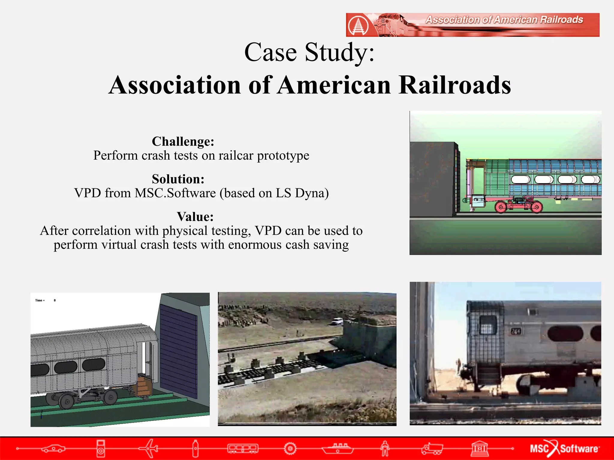 Case Study:
            Association of American Railroads
                   Challenge:
         Perform crash tests on railcar prototype
                 Solution:
      VPD from MSC.Software (based on LS Dyna)
                         Value:
After correlation with physical testing, VPD can be used to
  perform virtual crash tests with enormous cash saving
 