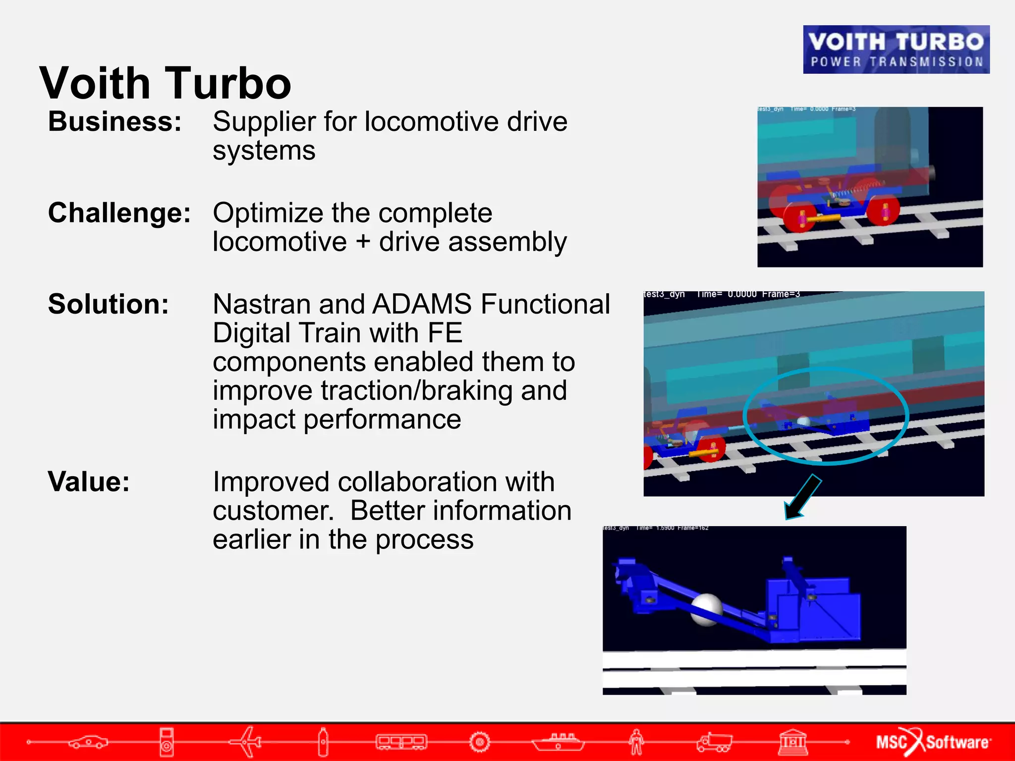 Voith Turbo
Business:   Supplier for locomotive drive
            systems

Challenge: Optimize the complete
           locomotive + drive assembly

Solution:   Nastran and ADAMS Functional
            Digital Train with FE
            components enabled them to
            improve traction/braking and
            impact performance

Value:      Improved collaboration with
            customer. Better information
            earlier in the process
 