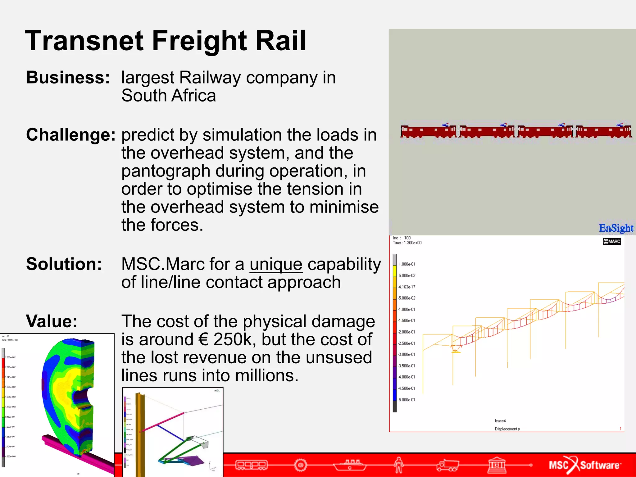 Transnet Freight Rail
Business: largest Railway company in
          South Africa

Challenge: predict by simulation the loads in
           the overhead system, and the
           pantograph during operation, in
           order to optimise the tension in
           the overhead system to minimise
           the forces.

Solution:   MSC.Marc for a unique capability
            of line/line contact approach

Value:      The cost of the physical damage
            is around € 250k, but the cost of
            the lost revenue on the unsused
            lines runs into millions.
 