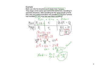 Example
Mark can ride his bicycle 2 km/h faster than Tamara.
They begin at the same spot and at the same time, travelling in
opposite directions. After travelling for the same length of time
they stop and realize that Mark has travelled 27 km and Tamara
has travelled 21 km. How fast was Mark travelling?
7
