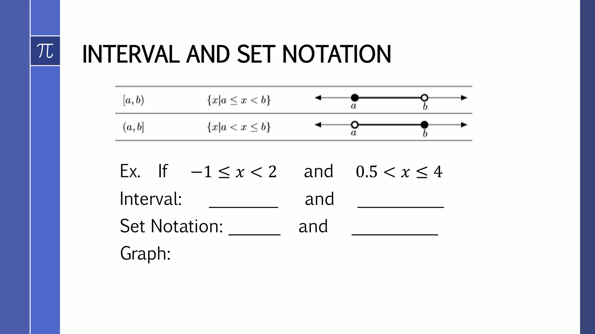 INTERVAL AND SET NOTATION
Ex. If −1 ≤ 𝑥 < 2 and 0.5 < 𝑥 ≤ 4
Interval: ________ and __________
Set Notation: ______ and __________
Graph:
 