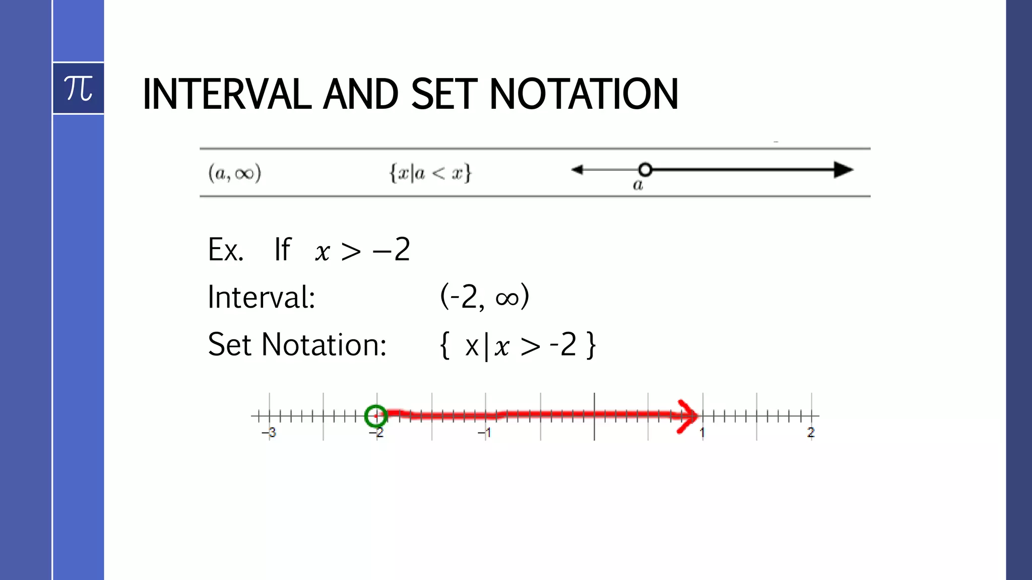 INTERVAL AND SET NOTATION
Ex. If 𝑥 > −2
Interval: (-2, ∞)
Set Notation: { x|𝑥 > -2 }
 