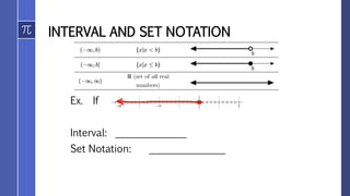 INTERVAL AND SET NOTATION
Ex. If
Interval: ______________
Set Notation: _______________
 
