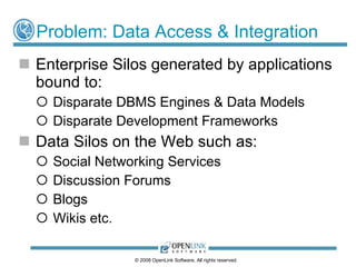 Problem: Data Access & Integration
 Enterprise Silos generated by applications
  bound to:
   Disparate DBMS Engines & Data Models
   Disparate Development Frameworks
 Data Silos on the Web such as:
     Social Networking Services
     Discussion Forums
     Blogs
     Wikis etc.

                  © 2008 OpenLink Software, All rights reserved.
 