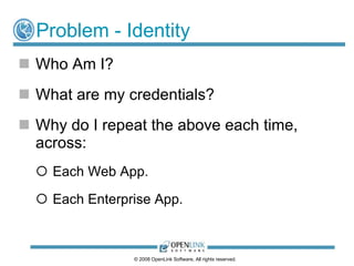 Problem - Identity
 Who Am I?
 What are my credentials?
 Why do I repeat the above each time,
  across:
   Each Web App.

   Each Enterprise App.



                © 2008 OpenLink Software, All rights reserved.
 