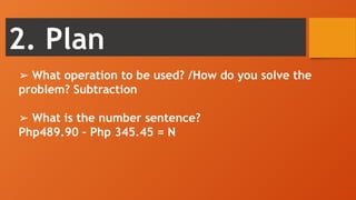 2. Plan
➢ What operation to be used? /How do you solve the
problem? Subtraction
➢ What is the number sentence?
Php489.90 – Php 345.45 = N
 