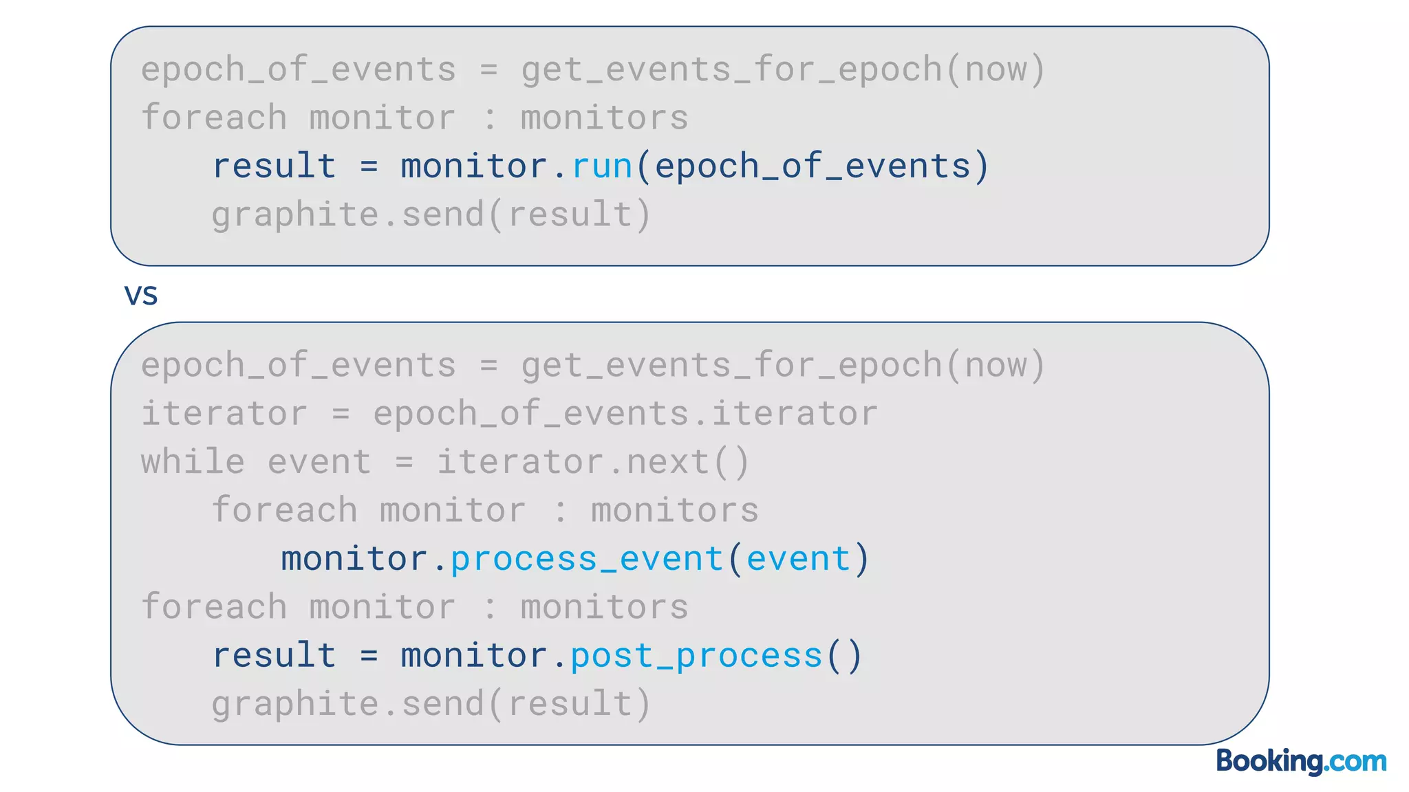 epoch_of_events = get_events_for_epoch(now)
foreach monitor : monitors
result = monitor.run(epoch_of_events)
graphite.send(result)
epoch_of_events = get_events_for_epoch(now)
iterator = epoch_of_events.iterator
while event = iterator.next()
foreach monitor : monitors
monitor.process_event(event)
foreach monitor : monitors
result = monitor.post_process()
graphite.send(result)
vs
 