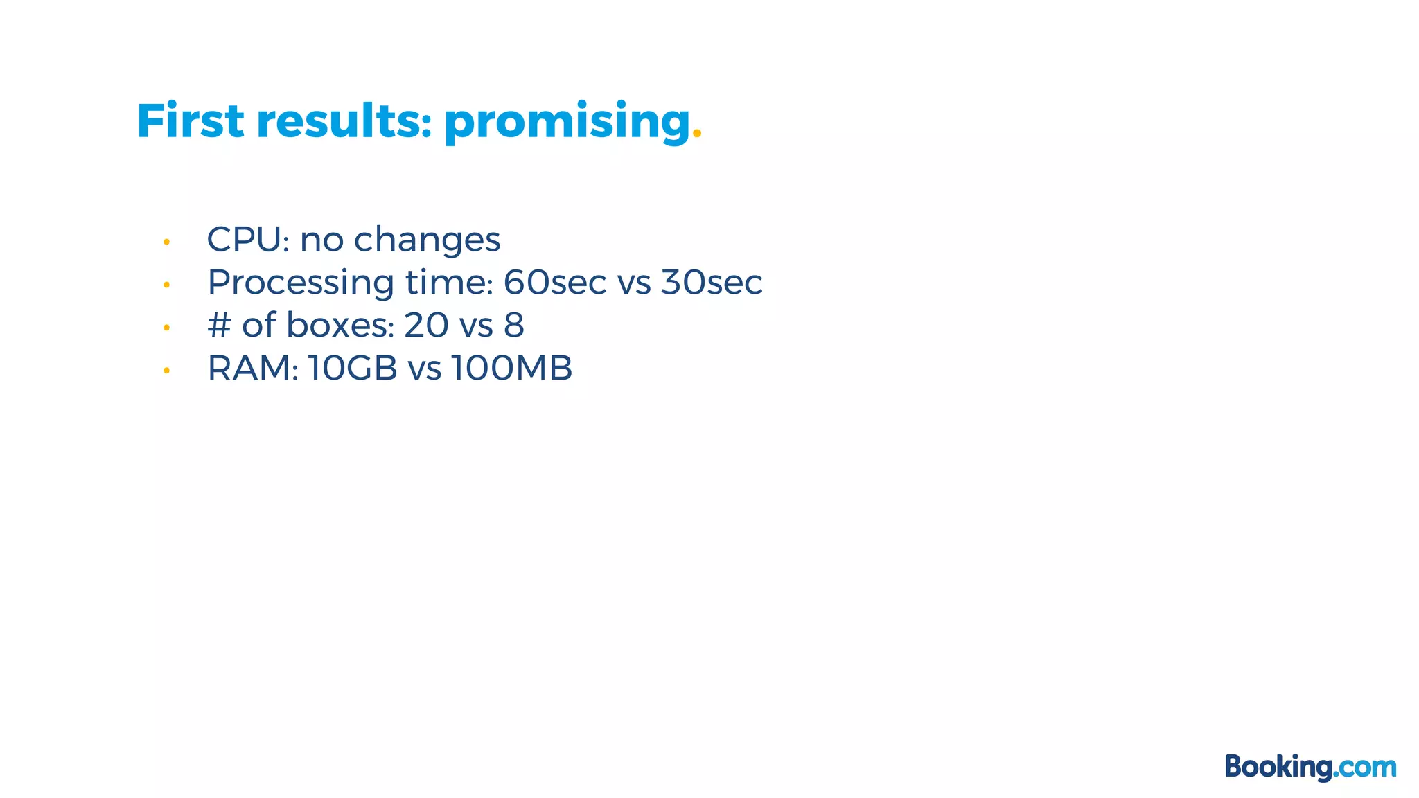First results: promising.
• CPU: no changes
• Processing time: 60sec vs 30sec
• # of boxes: 20 vs 8
• RAM: 10GB vs 100MB
 