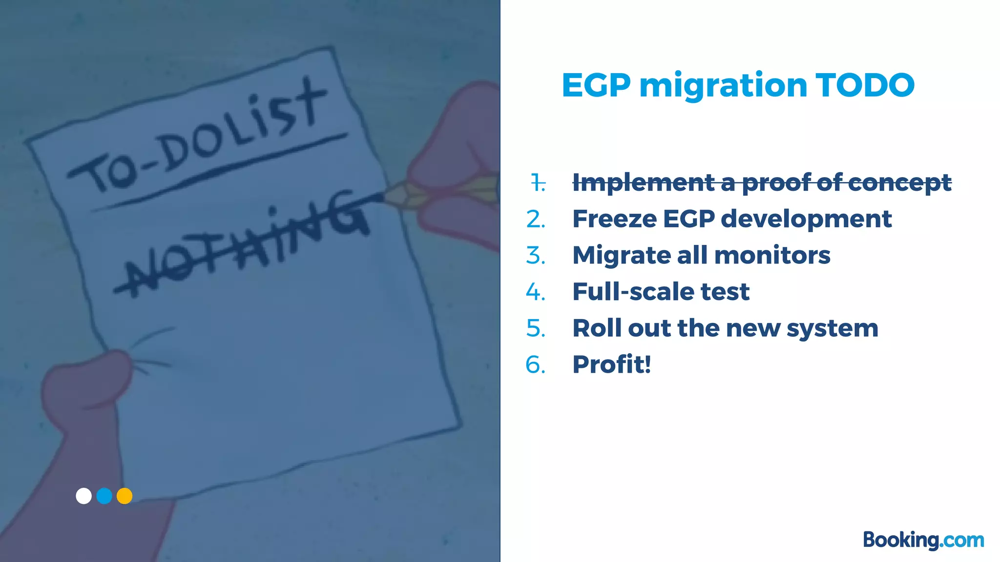 1. Implement a proof of concept
2. Freeze EGP development
3. Migrate all monitors
4. Full-scale test
5. Roll out the new system
6. Profit!
EGP migration TODO
 