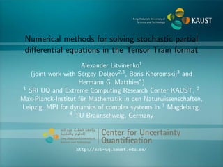 Numerical methods for solving stochastic partial
diﬀerential equations in the Tensor Train format
Alexander Litvinenko1
(joint work with Sergey Dolgov2,3, Boris Khoromskij3 and
Hermann G. Matthies4)
1 SRI UQ and Extreme Computing Research Center KAUST, 2
Max-Planck-Institut f¨ur Mathematik in den Naturwissenschaften,
Leipzig, MPI for dynamics of complex systems in 3 Magdeburg,
4 TU Braunschweig, Germany
Center for Uncertainty
Quantiﬁcation
ntification Logo Lock-up
http://sri-uq.kaust.edu.sa/
 