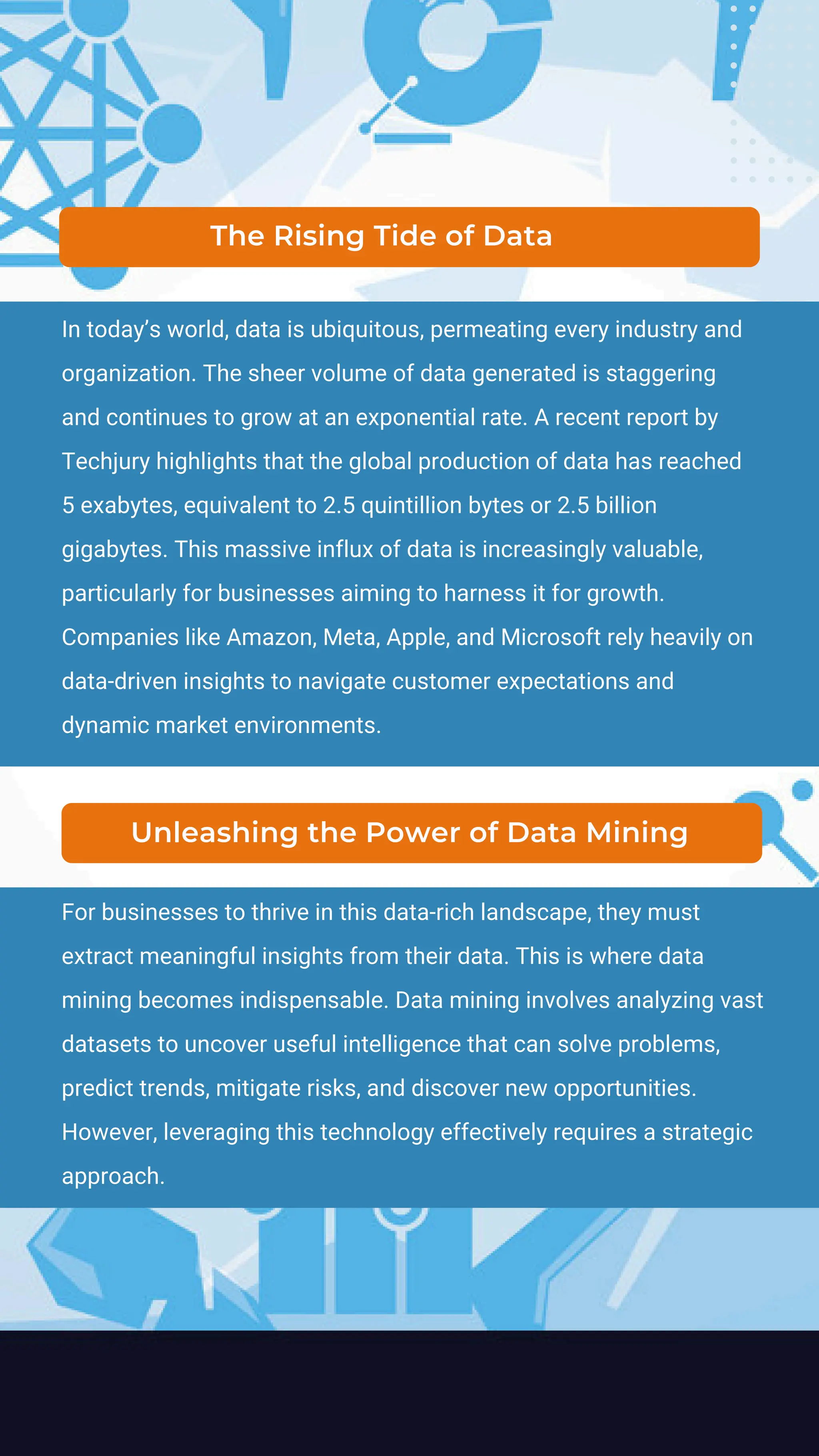 For businesses to thrive in this data-rich landscape, they must
extract meaningful insights from their data. This is where data
mining becomes indispensable. Data mining involves analyzing vast
datasets to uncover useful intelligence that can solve problems,
predict trends, mitigate risks, and discover new opportunities.
However, leveraging this technology effectively requires a strategic
approach.
The Rising Tide of Data
In today’s world, data is ubiquitous, permeating every industry and
organization. The sheer volume of data generated is staggering
and continues to grow at an exponential rate. A recent report by
Techjury highlights that the global production of data has reached
5 exabytes, equivalent to 2.5 quintillion bytes or 2.5 billion
gigabytes. This massive influx of data is increasingly valuable,
particularly for businesses aiming to harness it for growth.
Companies like Amazon, Meta, Apple, and Microsoft rely heavily on
data-driven insights to navigate customer expectations and
dynamic market environments.
Unleashing the Power of Data Mining
 