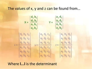 Where l...l is the determinant
The values of x, y and z can be found from…
X = Y =
d1 b1
d2 b2
a1 b1
a2 b2
a1 d1
a2 d2
a1 b1
a2 b2
 