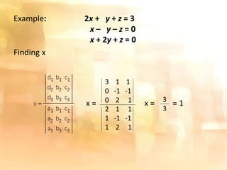 Example: 2x + y + z = 3
x – y – z = 0
x + 2y + z = 0
Finding x
x = x = = 1
3 1 1
0 -1 -1
0 2 1
2 1 1
1 -1 -1
1 2 1
3
3
 
