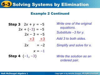 Holt McDougal Algebra 1
5-3 Solving Systems by Elimination
Example 2 Continued
Write one of the original
equations.
Step 3 2x + y = –5
2x + (–3) = –5
Substitute –3 for y.
Add 3 to both sides.
2x – 3 = –5
+3 +3
2x = –2 Simplify and solve for x.
x = –1
Write the solution as an
ordered pair.
Step 4 (–1, –3)
 