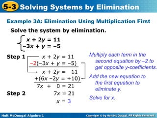 Holt McDougal Algebra 1
5-3 Solving Systems by Elimination
x + 2y = 11
–3x + y = –5
Solve the system by elimination.
Example 3A: Elimination Using Multiplication First
Multiply each term in the
second equation by –2 to
get opposite y-coefficients.
x + 2y = 11Step 1
–2(–3x + y = –5)
x + 2y = 11
+(6x –2y = +10) Add the new equation to
the first equation to
eliminate y.
7x + 0 = 21
Step 2 7x = 21
x = 3
Solve for x.
 