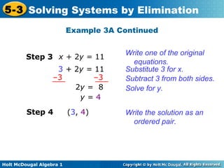 Holt McDougal Algebra 1
5-3 Solving Systems by Elimination
Example 3A Continued
Write one of the original
equations.
Step 3 x + 2y = 11
Substitute 3 for x.3 + 2y = 11
Subtract 3 from both sides.–3 –3
2y = 8
y = 4
Solve for y.
Write the solution as an
ordered pair.
Step 4 (3, 4)
 