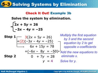 Holt McDougal Algebra 1
5-3 Solving Systems by Elimination
Check It Out! Example 3b
Solve the system by elimination.
2x + 5y = 26
–3x – 4y = –25
Step 1 3(2x + 5y = 26)
+(2)(–3x – 4y = –25)
Multiply the first equation
by 3 and the second
equation by 2 to get
opposite x-coefficients6x + 15y = 78
+(–6x – 8y = –50) Add the new equations to
eliminate x.
Solve for y.y = 4
0 + 7y = 28Step 2
 