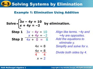 Holt McDougal Algebra 1
5-3 Solving Systems by Elimination
Example 1: Elimination Using Addition
3x – 4y = 10
x + 4y = –2
Solve by elimination.
Step 1 3x – 4y = 10 Align like terms. −4y and
+4y are opposites.
Add the equations to
eliminate y.
4x = 8 Simplify and solve for x.
x + 4y = –2
4x + 0 = 8Step 2
Divide both sides by 4.
4x = 8
4 4
x = 2
 