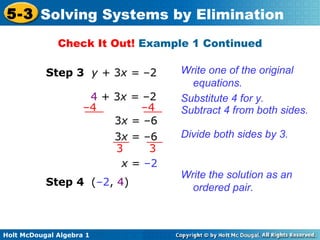 Holt McDougal Algebra 1
5-3 Solving Systems by Elimination
Step 3 y + 3x = –2
Check It Out! Example 1 Continued
Write one of the original
equations.
4 + 3x = –2 Substitute 4 for y.
Subtract 4 from both sides.–4 –4
3x = –6
Divide both sides by 3.3x = –6
3 3
x = –2
Write the solution as an
ordered pair.
Step 4 (–2, 4)
 
