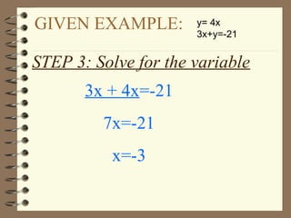 GIVEN EXAMPLE: y= 4x
3x+y=-21
3x + 4x=-21
7x=-21
x=-3
STEP 3: Solve for the variable
 
