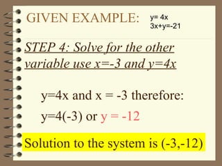 GIVEN EXAMPLE: y= 4x
3x+y=-21
STEP 4: Solve for the other
variable use x=-3 and y=4x
y=4x and x = -3 therefore:
y=4(-3) or y = -12
Solution to the system is (-3,-12)
 
