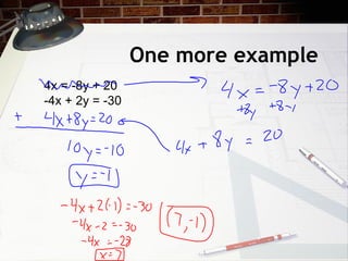One more example
4x = -8y + 20
-4x + 2y = -30
 