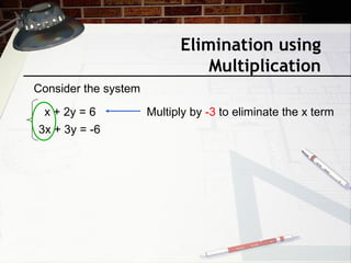Elimination using
Multiplication
Consider the system
x + 2y = 6
3x + 3y = -6
Multiply by -3 to eliminate the x term
 