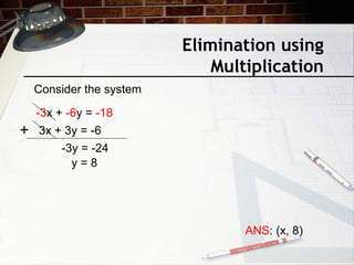 Elimination using
Multiplication
Consider the system
-3x + -6y = -18
3x + 3y = -6+
-3y = -24
y = 8
ANS: (x, 8)
 