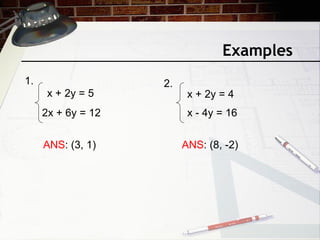 Examples
1.
x + 2y = 5
2x + 6y = 12
2.
ANS: (3, 1)
x + 2y = 4
x - 4y = 16
ANS: (8, -2)
 