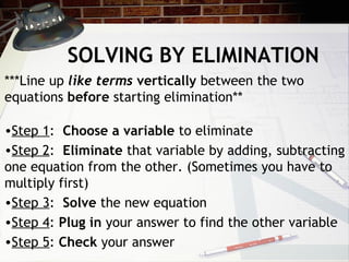 SOLVING BY ELIMINATION
***Line up like terms vertically between the two
equations before starting elimination**
•Step 1: Choose a variable to eliminate
•Step 2: Eliminate that variable by adding, subtracting
one equation from the other. (Sometimes you have to
multiply first)
•Step 3: Solve the new equation
•Step 4: Plug in your answer to find the other variable
•Step 5: Check your answer
 