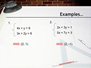 Examples…
1. 2.
4x + y = 9
3x + 2y = 8
2x + 3y = 1
5x + 7y = 3
ANS: (2, 1) ANS: (2, -1)
 