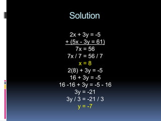 Solution

    2x + 3y = -5
  + (5x - 3y = 61)
       7x = 56
   7x / 7 = 56 / 7
        x=8
   2(8) + 3y = -5
    16 + 3y = -5
16 -16 + 3y = -5 - 16
      3y = -21
   3y / 3 = -21 / 3
        y = -7
 