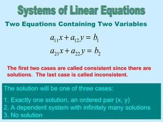 Systems of Linear Equations The solution will be one of three cases: 1. Exactly one solution, an ordered pair (x, y)  2. A dependent system with infinitely many solutions 3. No solution Two Equations Containing Two Variables The first two cases are called consistent since there are solutions.  The last case is called inconsistent. 