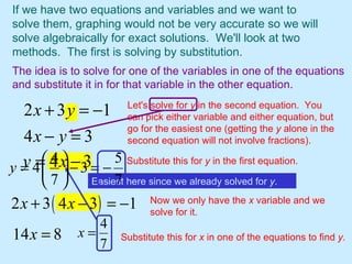If we have two equations and variables and we want to solve them, graphing would not be very accurate so we will solve algebraically for exact solutions.  We'll look at two methods.  The first is solving by substitution. The idea is to solve for one of the variables in one of the equations and substitute it in for that variable in the other equation. Let's solve for  y  in the second equation.  You can pick either variable and either equation, but go for the easiest one (getting the  y  alone in the second equation will not involve fractions). Substitute this for  y  in the first equation. Now we only have the  x  variable and we solve for it. Substitute this for  x  in one of the equations to find  y. Easiest here since we already solved for  y . 