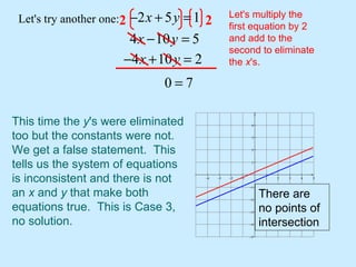 Let's try another one: Let's multiply the first equation by 2 and add to the second to eliminate the  x 's. 2 2 This time the  y 's were eliminated too but the constants were not.  We get a false statement.  This tells us the system of equations is inconsistent and there is not an  x  and  y  that make both equations true.  This is Case 3, no solution. There are no points of intersection 