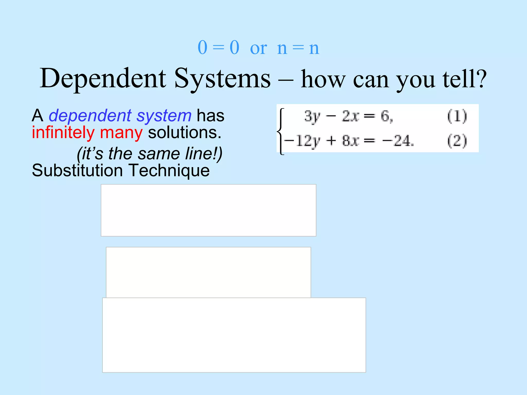 0 = 0 or n = n
Dependent Systems – how can you tell?
A dependent system has
infinitely many solutions.
(it’s the same line!)
Substitution Technique
dependent
yy
yyA
yx
yxB
xyB
xyA
66
6633
6)3(23)(
3
24128)(
24812)(
623)(
2
3
2
3
=
=+−
=−−
−=
−=
−=+−
=−



 