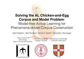 Solving the AL Chicken-and-Egg
Corpus and Model Problem:
Model-free Active Learning for
Phenomena-driven Corpus Construction
Dain Kaplan1, Neil Rubens2, Simone Teufel3, Takenobu Tokunaga1
1Tokyo Institute of
Technology
Dept. of Computer Science
3University of Cambridge
Computer Laboratory
2Stanford University
mediaX / H-STAR
 