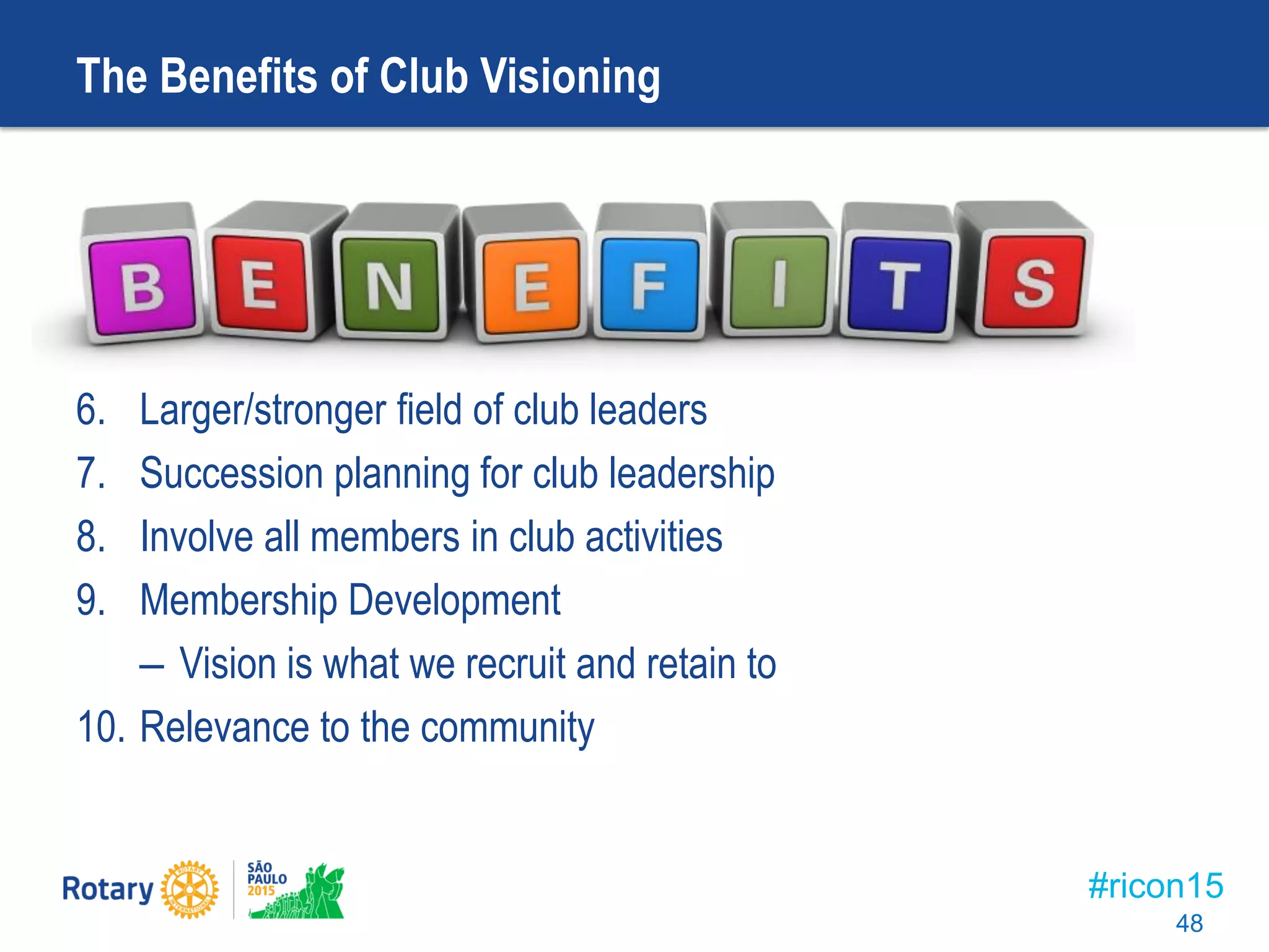 #ricon15
The Benefits of Club Visioning
6. Larger/stronger field of club leaders
7. Succession planning for club leadership
8. Involve all members in club activities
9. Membership Development
– Vision is what we recruit and retain to
10. Relevance to the community
48
 
