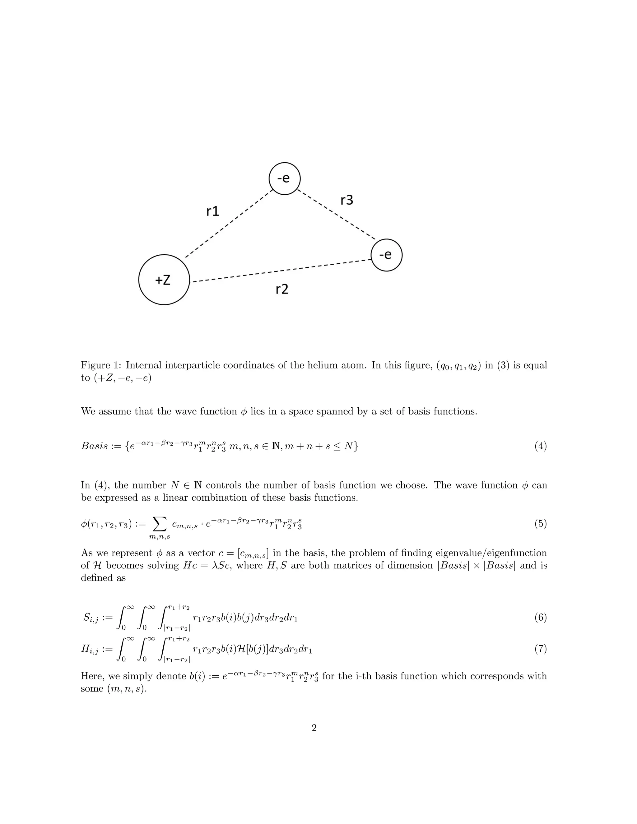 Figure 1: Internal interparticle coordinates of the helium atom. In this ﬁgure, (q0, q1, q2) in (3) is equal
to (+Z, −e, −e)
We assume that the wave function φ lies in a space spanned by a set of basis functions.
Basis := {e−αr1−βr2−γr3
rm
1 rn
2 rs
3|m, n, s ∈ N, m + n + s ≤ N} (4)
In (4), the number N ∈ N controls the number of basis function we choose. The wave function φ can
be expressed as a linear combination of these basis functions.
φ(r1, r2, r3) :=
m,n,s
cm,n,s · e−αr1−βr2−γr3
rm
1 rn
2 rs
3 (5)
As we represent φ as a vector c = [cm,n,s] in the basis, the problem of ﬁnding eigenvalue/eigenfunction
of H becomes solving Hc = λSc, where H, S are both matrices of dimension |Basis| × |Basis| and is
deﬁned as
Si,j :=
∞
0
∞
0
r1+r2
|r1−r2|
r1r2r3b(i)b(j)dr3dr2dr1
Hi,j :=
∞
0
∞
0
r1+r2
|r1−r2|
r1r2r3b(i)H[b(j)]dr3dr2dr1
(6)
(7)
Here, we simply denote b(i) := e−αr1−βr2−γr3
rm
1 rn
2 rs
3 for the i-th basis function which corresponds with
some (m, n, s).
2
 
