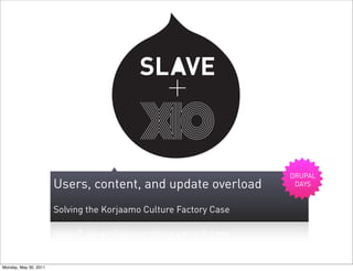 DRUPAL
                       Users, content, and update overload          DAYS


                       Solving the Korjaamo Culture Factory Case




                                                                            © Slave Ltd
Monday, May 30, 2011
 