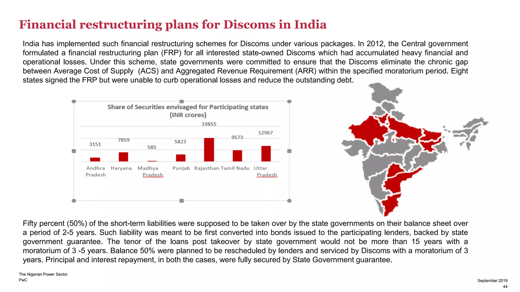 PwC
Financial restructuring plans for Discoms in India
September 2019
44
India has implemented such financial restructuring schemes for Discoms under various packages. In 2012, the Central government
formulated a financial restructuring plan (FRP) for all interested state-owned Discoms which had accumulated heavy financial and
operational losses. Under this scheme, state governments were committed to ensure that the Discoms eliminate the chronic gap
between Average Cost of Supply (ACS) and Aggregated Revenue Requirement (ARR) within the specified moratorium period. Eight
states signed the FRP but were unable to curb operational losses and reduce the outstanding debt.
Fifty percent (50%) of the short-term liabilities were supposed to be taken over by the state governments on their balance sheet over
a period of 2-5 years. Such liability was meant to be first converted into bonds issued to the participating lenders, backed by state
government guarantee. The tenor of the loans post takeover by state government would not be more than 15 years with a
moratorium of 3 -5 years. Balance 50% were planned to be rescheduled by lenders and serviced by Discoms with a moratorium of 3
years. Principal and interest repayment, in both the cases, were fully secured by State Government guarantee.
The Nigerian Power Sector
44
September 2019
 