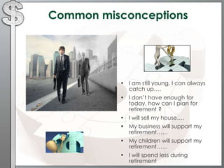 Common misconceptions
• I am still young, I can always
catch up….
• I don’t have enough for
today, how can I plan for
retirement ?
• I will sell my house….
• My business will support my
retirement……
• My children will support my
retirement……
• I will spend less during
retirement
 