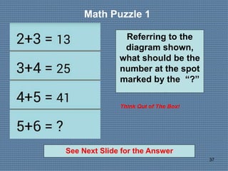 37
See Next Slide for the Answer
Math Puzzle 1
Think Out of The Box!
Referring to the
diagram shown,
what should be the
number at the spot
marked by the “?”
 