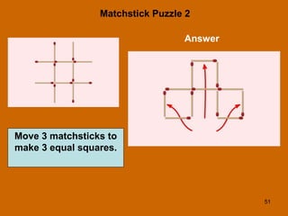 51
Matchstick Puzzle 2
Answer
Move 3 matchsticks to
make 3 equal squares.
 