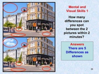 68
Mental and
Visual Skills 1
How many
differences can
you spot
between the 2
pictures within 2
minutes?
Answers
There are 5
Differences as
shown
 