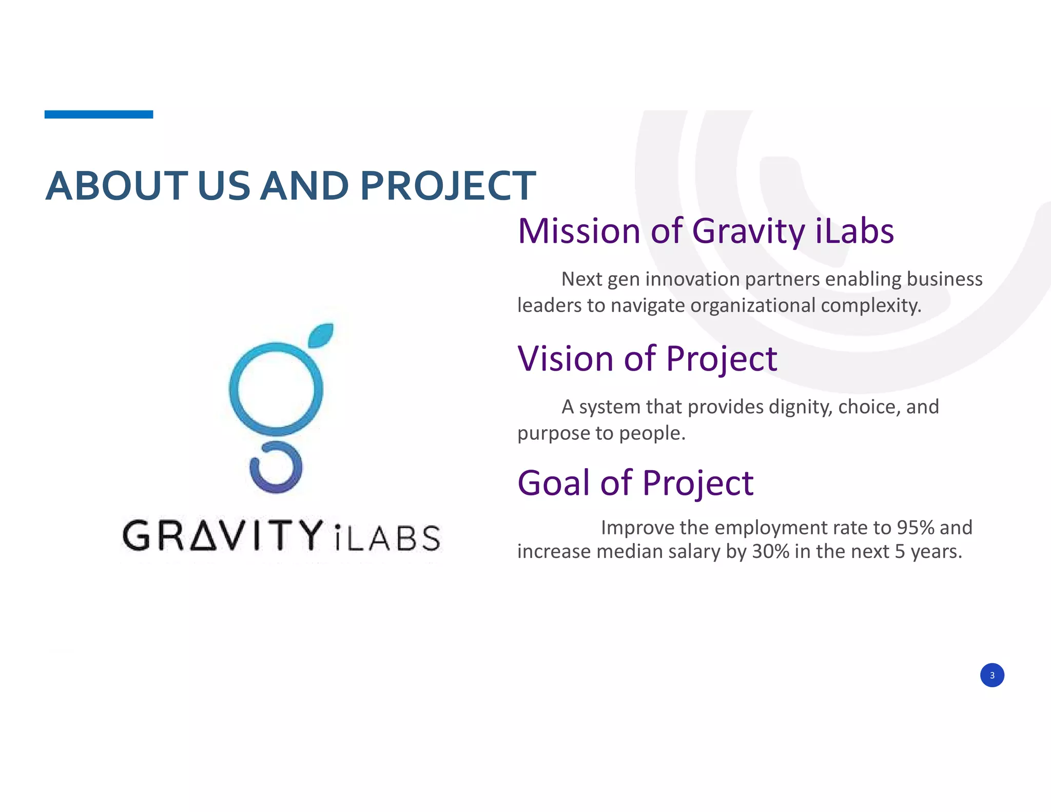 3
Mission of Gravity iLabs
Next gen innovation partners enabling business
leaders to navigate organizational complexity.
Vision of Project
A system that provides dignity, choice, and
purpose to people.
Goal of Project
Improve the employment rate to 95% and
increase median salary by 30% in the next 5 years.
ABOUT US AND PROJECT
 