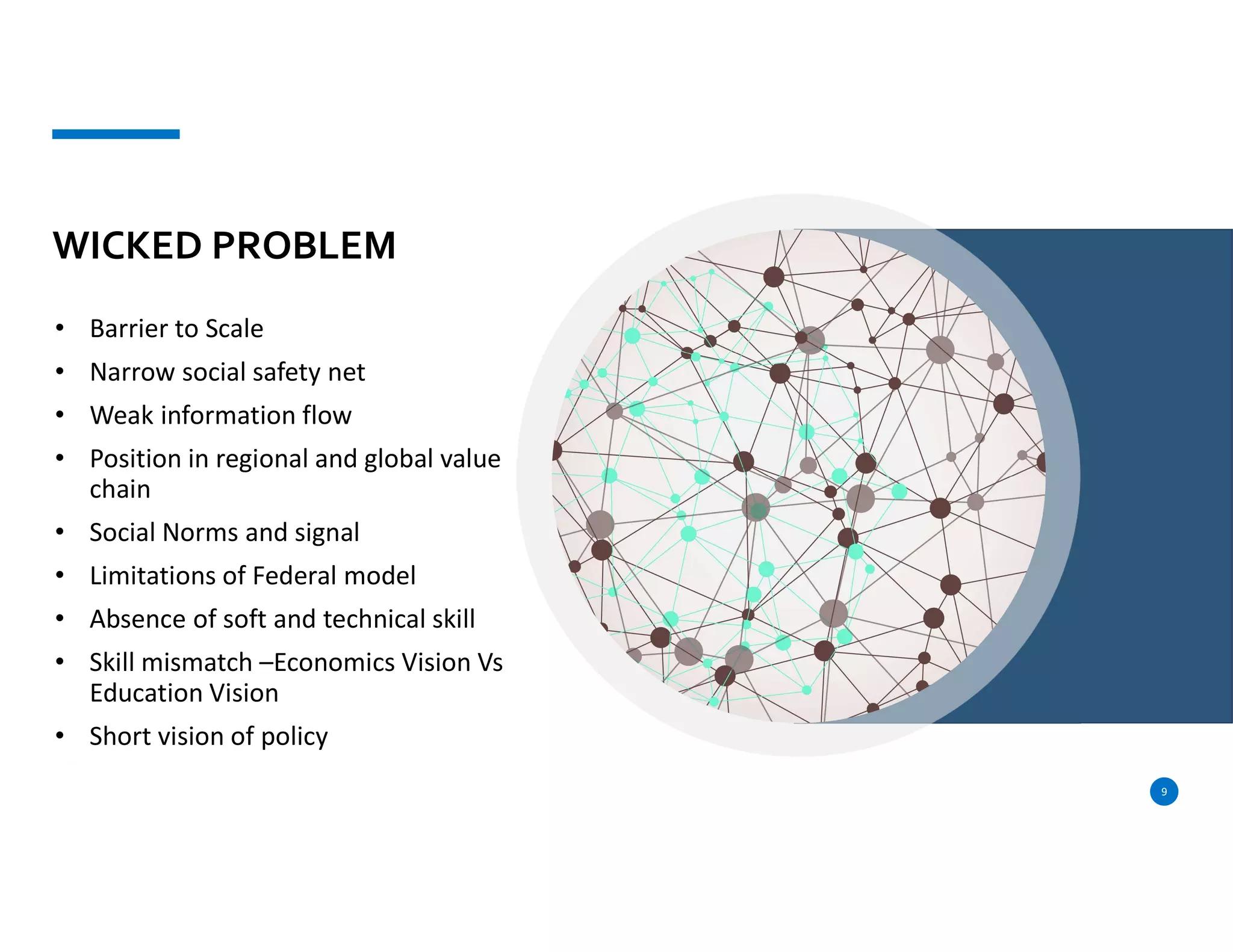 WICKED PROBLEM
• Barrier to Scale
• Narrow social safety net
• Weak information flow
• Position in regional and global value
chain
• Social Norms and signal
• Limitations of Federal model
• Absence of soft and technical skill
• Skill mismatch –Economics Vision Vs
Education Vision
• Short vision of policy
9
 