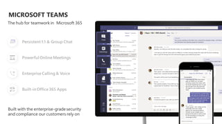 MICROSOFT TEAMS
Persistent 1:1 & Group Chat
PowerfulOnlineMeetings
EnterpriseCalling & Voice
Built-inOffice365 Apps
 