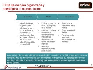 Entra de manera organizada y
estratégica al mundo online

                     Escuchar                   Medir                  Interactuar


            •   ¿Quién habla de       •   Evaluar puntos de     •   Responder a
                ti?¿Qué dicen?            vista y su impacto        menciones de tu
            •   ¿Estas a la par y         en la marca               marca
                consciente de tu      •   Analizar y rastrear   •   Crear servicio al
                competencia?              los temas y               cliente
            •   ¿quiénes son las          conversaciones        •   Escuchar en los
                voces de influencia       más activos               puntos de
                en tu industria?      •   Medir atención            necesidad de tus
            •   ¿En dónde está tu         online basada en          clientes
                comunidad?                métricos
                                      •   Marcar y
                                          segmentar posts
                                          para análisis

  Con su flujo de trabajo, alertas por e-mail e IM, y analíticos y métrico puedes crear una
  completa red de monitoreo para que tu empresa maneje toda su estrategia de social
  media y potenciar a tu equipo de trabajo para compartir, aprender y participar en una
  forma valiosa.
                                                                                              5
                                  CONFIDENCIAL
 